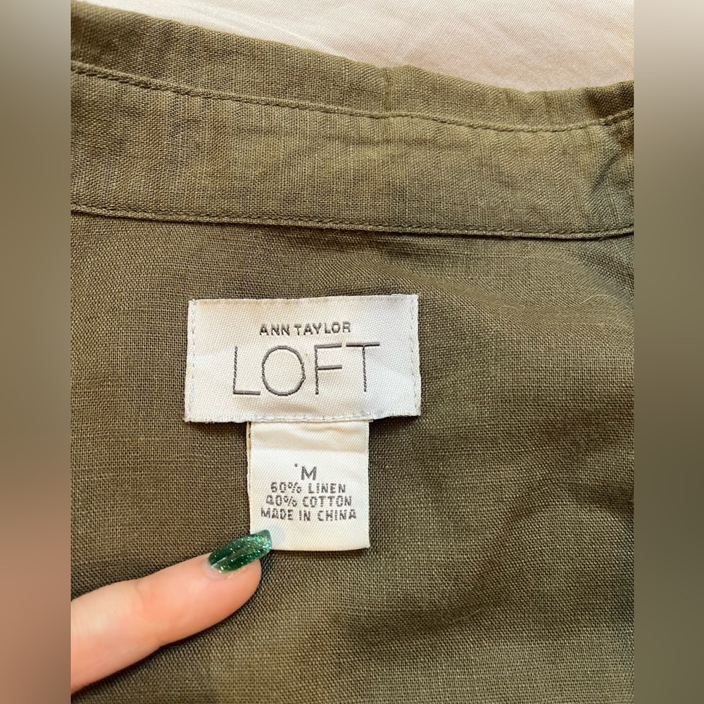 Women’s Long Sleeve Cotton/Linen Blouse, LOFT, Olive Green, Medium